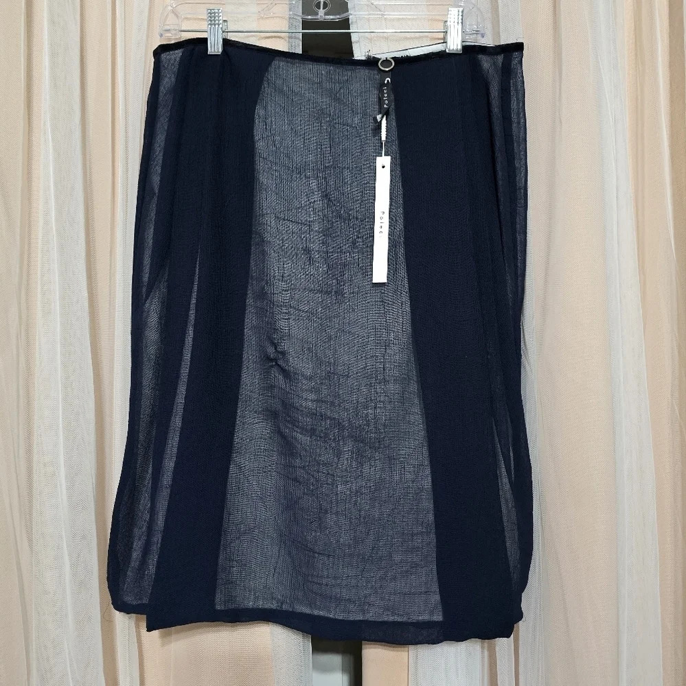 NWT Poleci Navy Gauze Overlay Midi Pencil Skirt, Velvet Trim Waistband, Size 12.